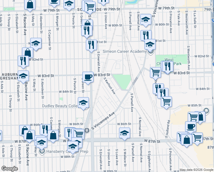 map of restaurants, bars, coffee shops, grocery stores, and more near 8363 South Lowe Avenue in Chicago