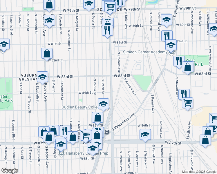 map of restaurants, bars, coffee shops, grocery stores, and more near 8335 South Halsted Street in Chicago