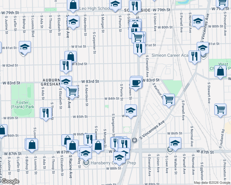 map of restaurants, bars, coffee shops, grocery stores, and more near 8346 South Peoria Street in Chicago