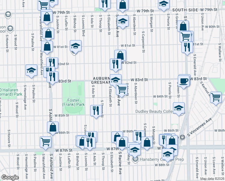 map of restaurants, bars, coffee shops, grocery stores, and more near 8300 South Racine Avenue in Chicago