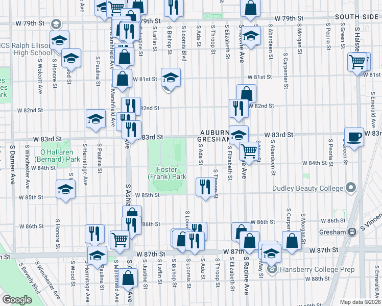 map of restaurants, bars, coffee shops, grocery stores, and more near 8333 South Loomis Boulevard in Chicago