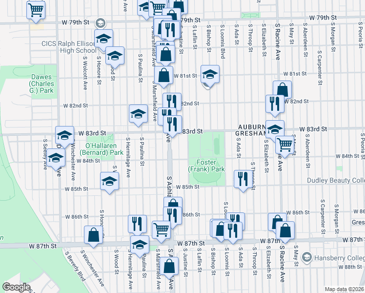 map of restaurants, bars, coffee shops, grocery stores, and more near 8334 South Justine Street in Chicago