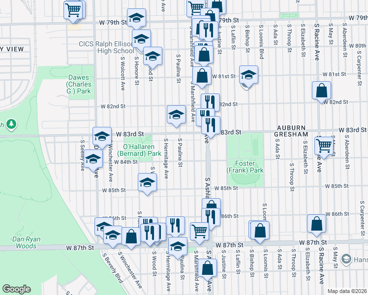 map of restaurants, bars, coffee shops, grocery stores, and more near 8334 South Paulina Street in Chicago