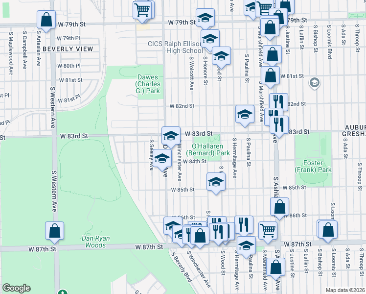 map of restaurants, bars, coffee shops, grocery stores, and more near 8330 South Winchester Avenue in Chicago