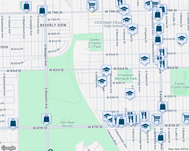 map of restaurants, bars, coffee shops, grocery stores, and more near 8331 South Hoyne Avenue in Chicago