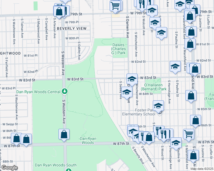 map of restaurants, bars, coffee shops, grocery stores, and more near 8331 South Hamilton Avenue in Chicago