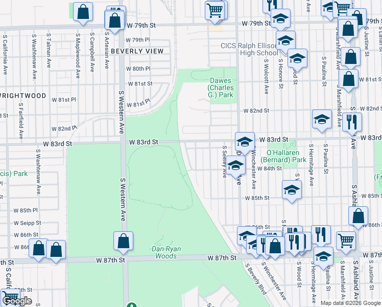 map of restaurants, bars, coffee shops, grocery stores, and more near 8331 South Hamilton Avenue in Chicago