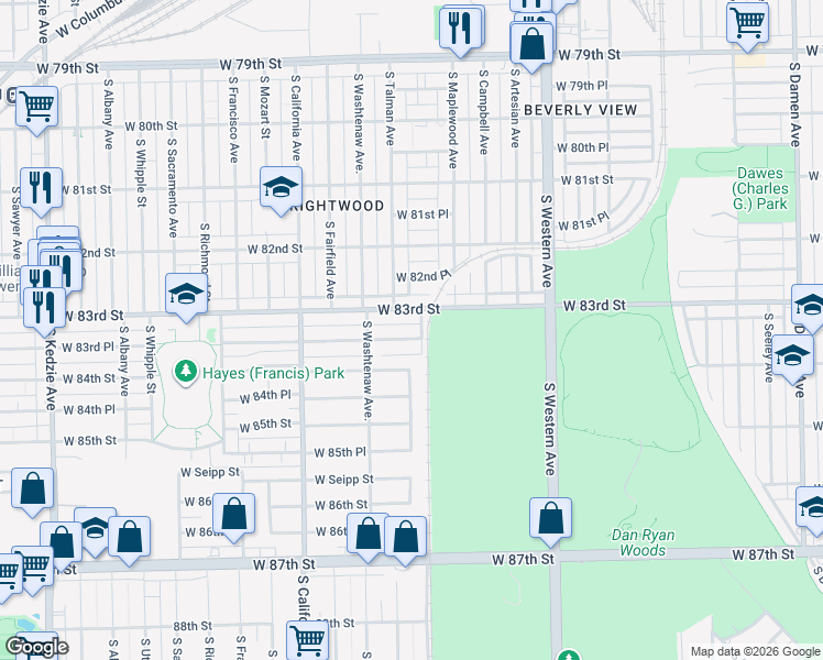 map of restaurants, bars, coffee shops, grocery stores, and more near 2620 West 83rd Place in Chicago