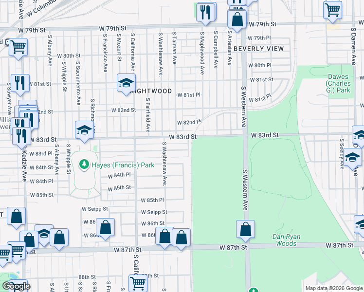 map of restaurants, bars, coffee shops, grocery stores, and more near 2620 West 83rd Place in Chicago