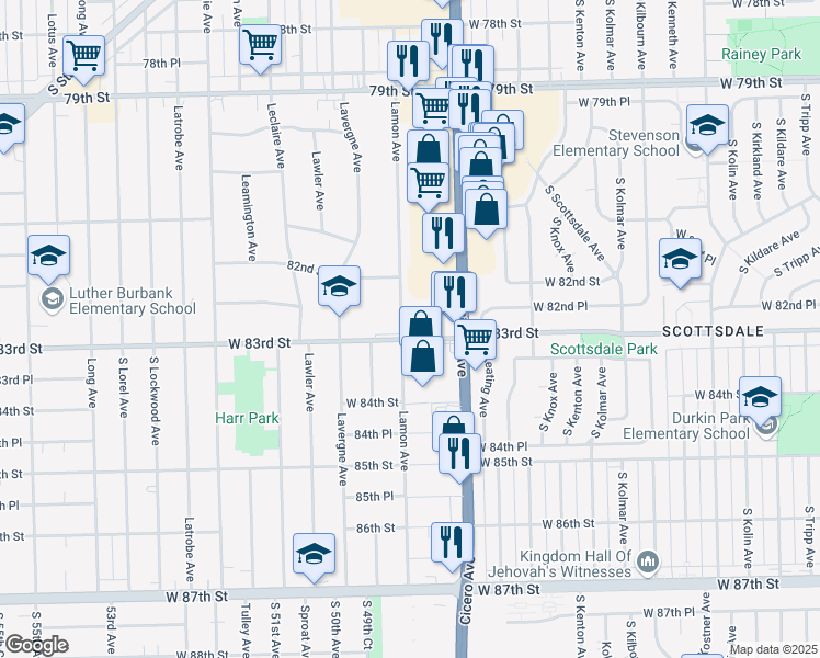 map of restaurants, bars, coffee shops, grocery stores, and more near 4824 West 83rd Street in Burbank