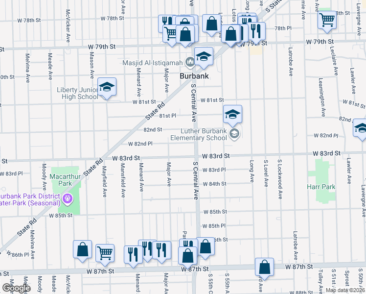 map of restaurants, bars, coffee shops, grocery stores, and more near 5643 West 82nd Place in Burbank