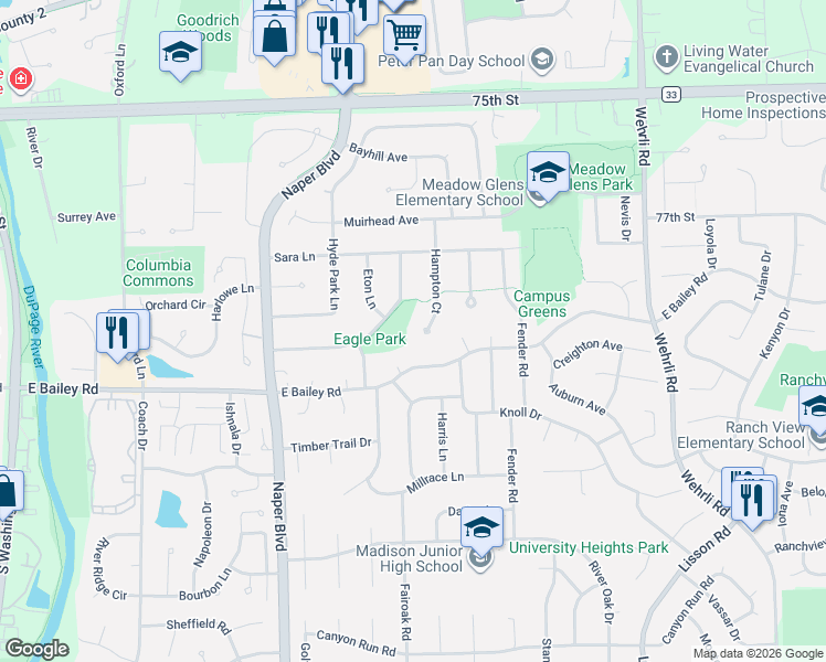 map of restaurants, bars, coffee shops, grocery stores, and more near 724 Bakewell Lane in Naperville