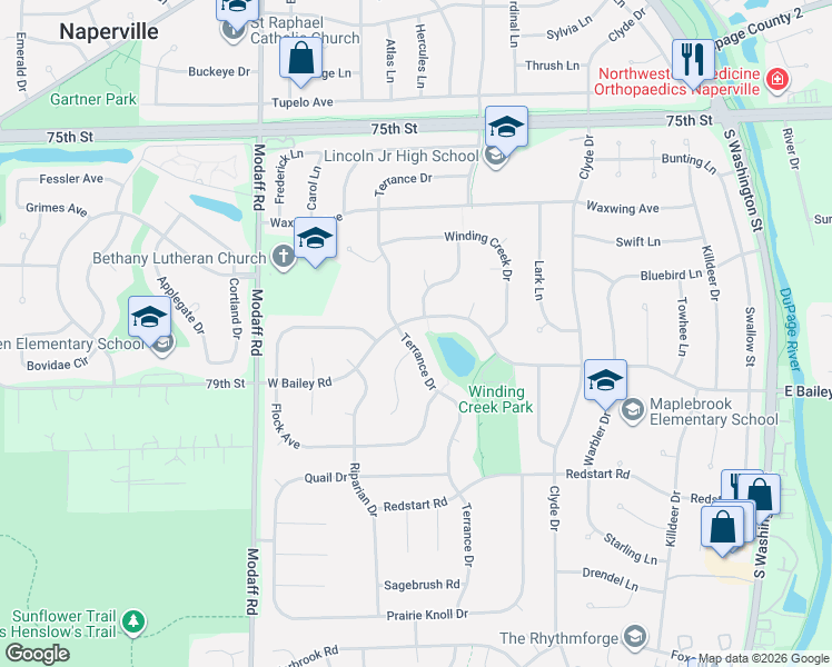 map of restaurants, bars, coffee shops, grocery stores, and more near 1434 Terrance Drive in Naperville