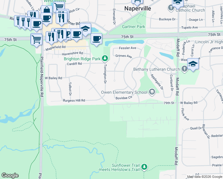 map of restaurants, bars, coffee shops, grocery stores, and more near 715 Torrington Drive in Naperville