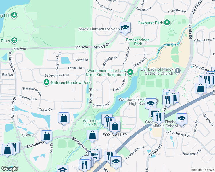 map of restaurants, bars, coffee shops, grocery stores, and more near 806 Wintergreen Drive in Aurora
