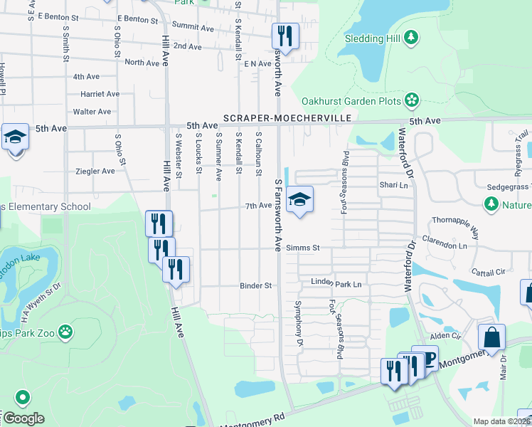 map of restaurants, bars, coffee shops, grocery stores, and more near 712 South Calhoun Street in Aurora