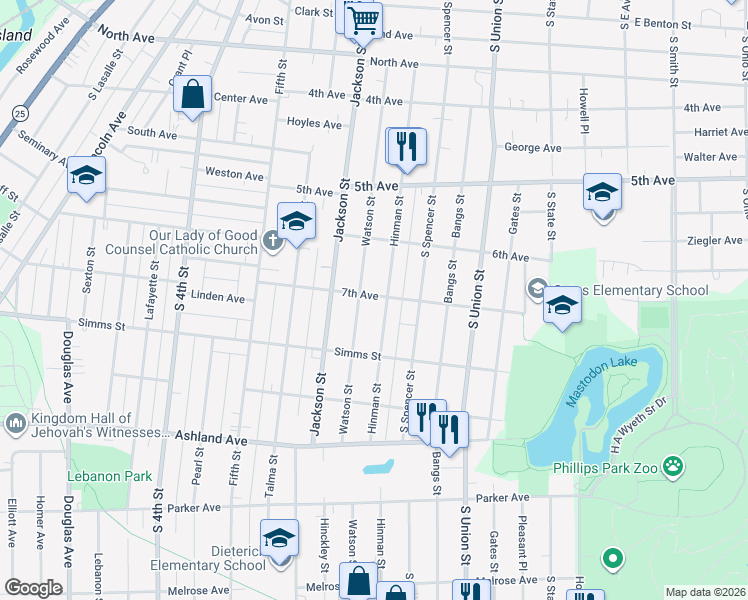 map of restaurants, bars, coffee shops, grocery stores, and more near 581 7th Avenue in Aurora