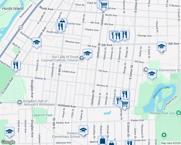 map of restaurants, bars, coffee shops, grocery stores, and more near 711 Jackson Street in Aurora