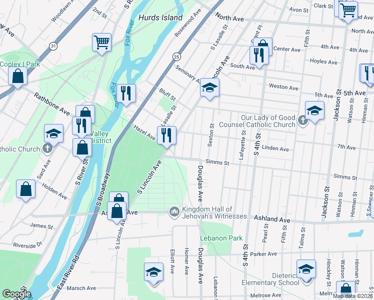 map of restaurants, bars, coffee shops, grocery stores, and more near 735 Concord Street in Aurora
