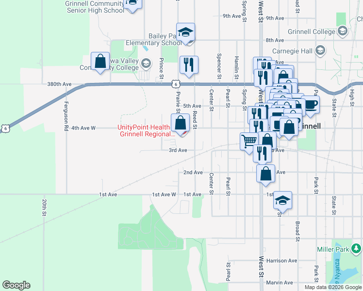 map of restaurants, bars, coffee shops, grocery stores, and more near in Grinnell