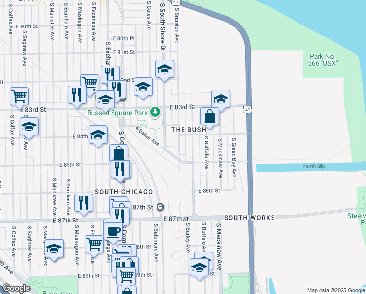 map of restaurants, bars, coffee shops, grocery stores, and more near 8427 South Brandon Avenue in Chicago