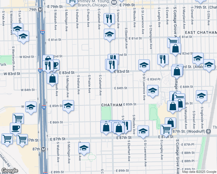 map of restaurants, bars, coffee shops, grocery stores, and more near 8358 South Doctor Martin Luther King Junior Drive in Chicago