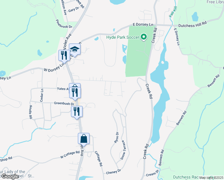 map of restaurants, bars, coffee shops, grocery stores, and more near 43 Bircher Avenue in Poughkeepsie