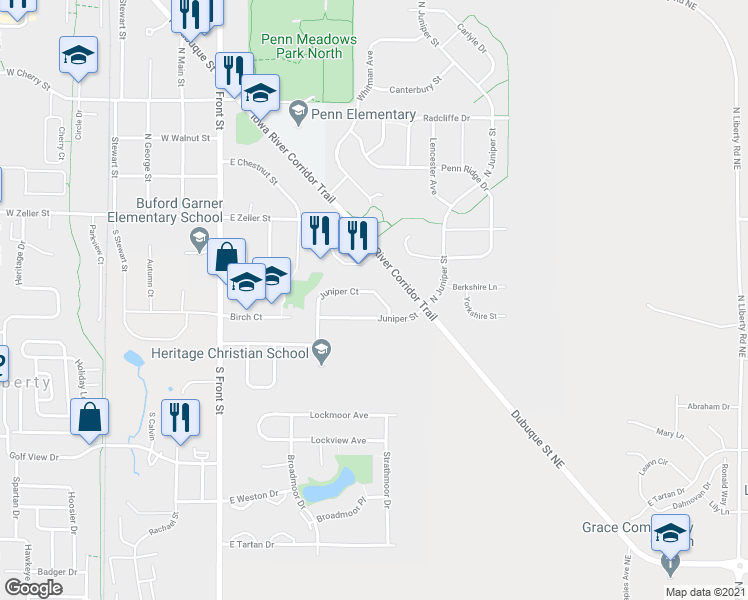 map of restaurants, bars, coffee shops, grocery stores, and more near 50 Juniper Court in North Liberty