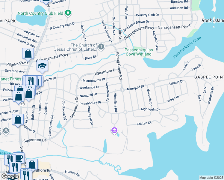 map of restaurants, bars, coffee shops, grocery stores, and more near 627 Namquid Drive in Warwick