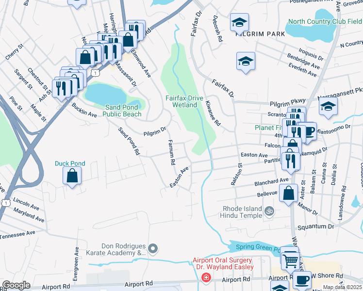 map of restaurants, bars, coffee shops, grocery stores, and more near 3 Potomac Circle in Warwick