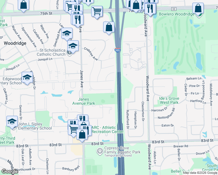 map of restaurants, bars, coffee shops, grocery stores, and more near 2212 Apache Lane in Woodridge