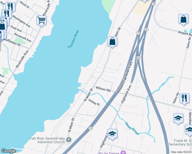 map of restaurants, bars, coffee shops, grocery stores, and more near 50 Clark Street in Fall River