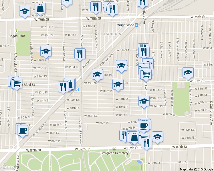 map of restaurants, bars, coffee shops, grocery stores, and more near 3423 West 83rd Street in Chicago
