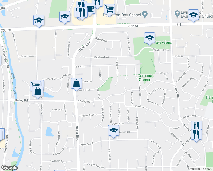 map of restaurants, bars, coffee shops, grocery stores, and more near 724 Bakewell Lane in Naperville