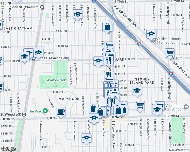 map of restaurants, bars, coffee shops, grocery stores, and more near 1501 East 84th Street in Chicago