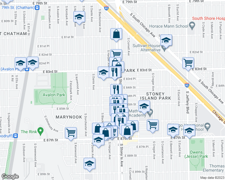 map of restaurants, bars, coffee shops, grocery stores, and more near 1537 East 84th Street in Chicago