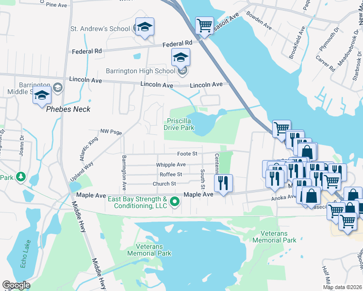map of restaurants, bars, coffee shops, grocery stores, and more near 39 Brow Street in Barrington