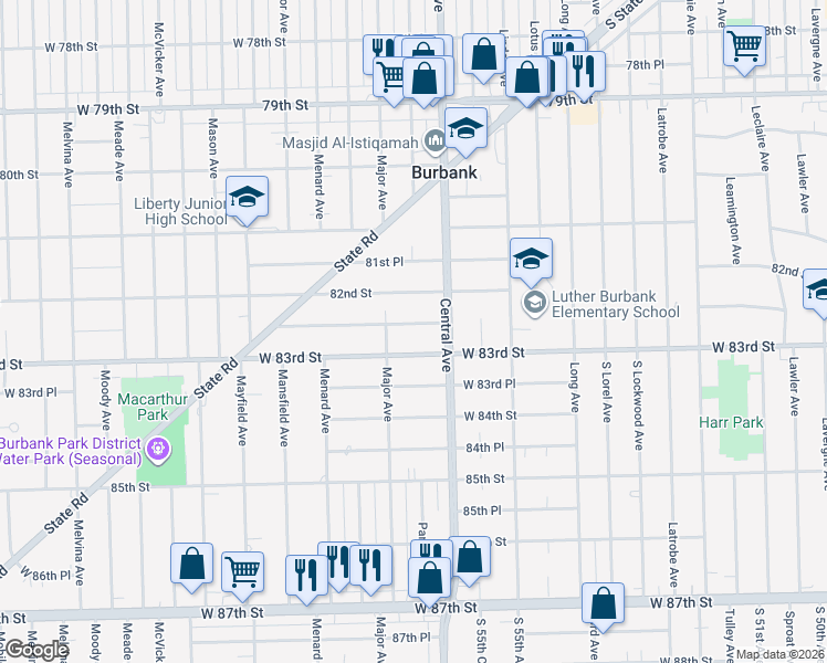 map of restaurants, bars, coffee shops, grocery stores, and more near 5643 West 82nd Place in Burbank