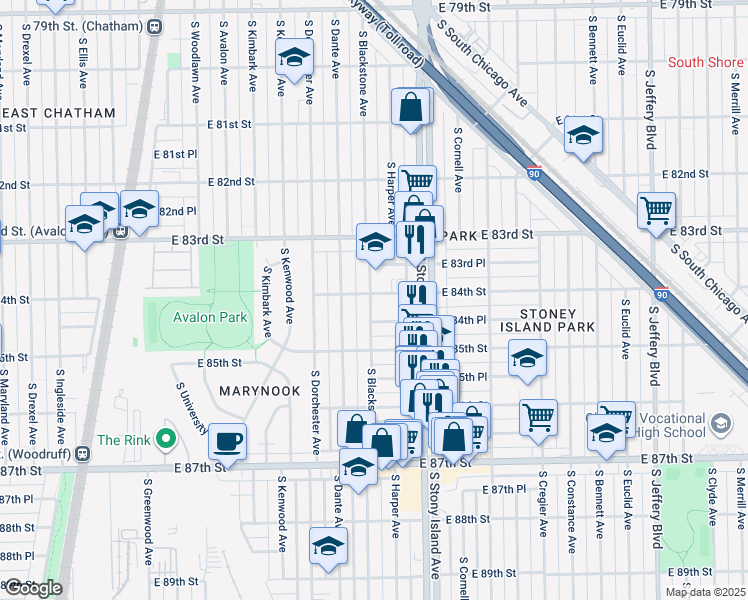 map of restaurants, bars, coffee shops, grocery stores, and more near 1501 East 84th Street in Chicago