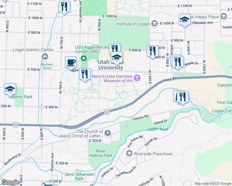 map of restaurants, bars, coffee shops, grocery stores, and more near Old Main Hill in Logan