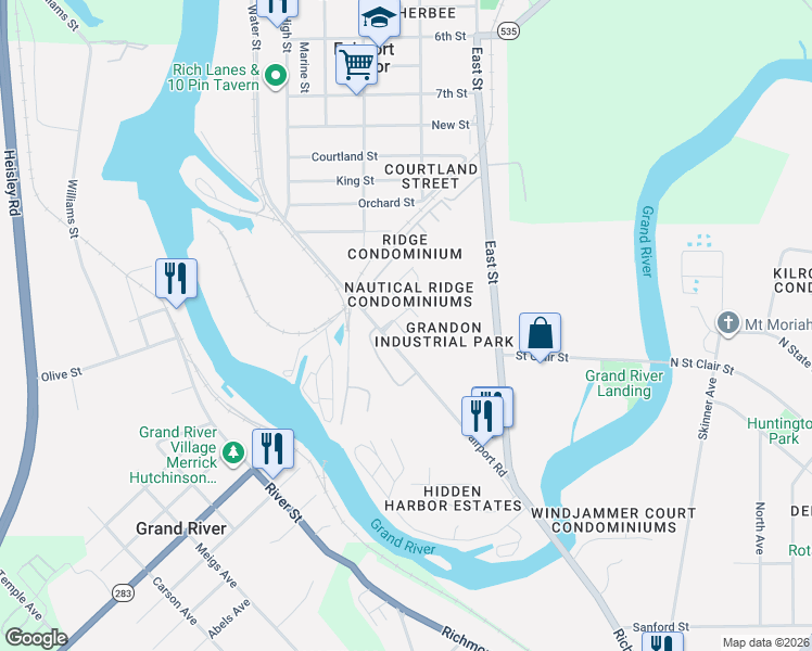 map of restaurants, bars, coffee shops, grocery stores, and more near 202 Nautical Way in Fairport Harbor