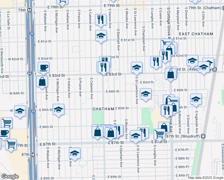 map of restaurants, bars, coffee shops, grocery stores, and more near 8358 South Vernon Avenue in Chicago