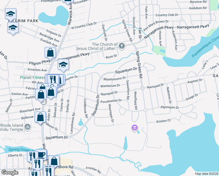 map of restaurants, bars, coffee shops, grocery stores, and more near 191 Algonquin Dr in Warwick