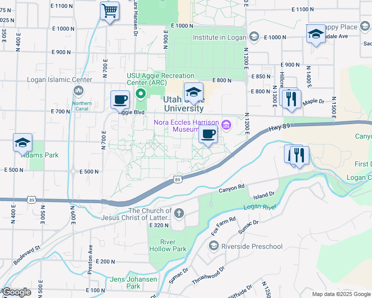 map of restaurants, bars, coffee shops, grocery stores, and more near 3000 Old Main Hill in Logan