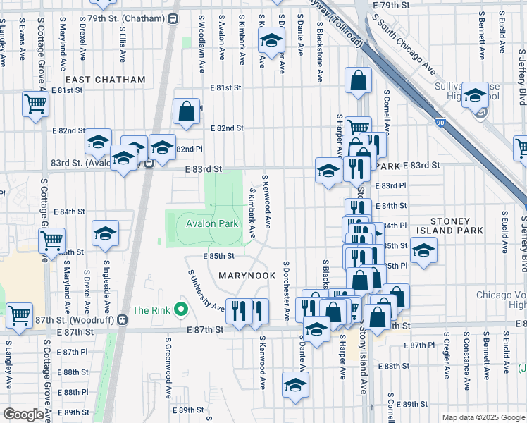 map of restaurants, bars, coffee shops, grocery stores, and more near 8400 South Kenwood Avenue in Chicago