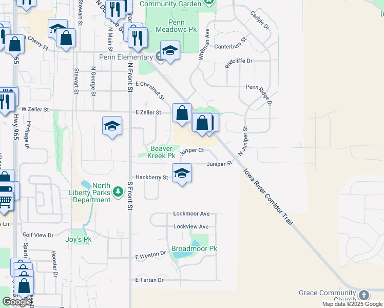 map of restaurants, bars, coffee shops, grocery stores, and more near 130 Juniper Court in North Liberty