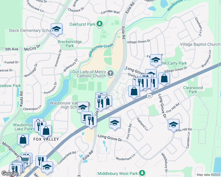 map of restaurants, bars, coffee shops, grocery stores, and more near 801 South Eola Road in Aurora