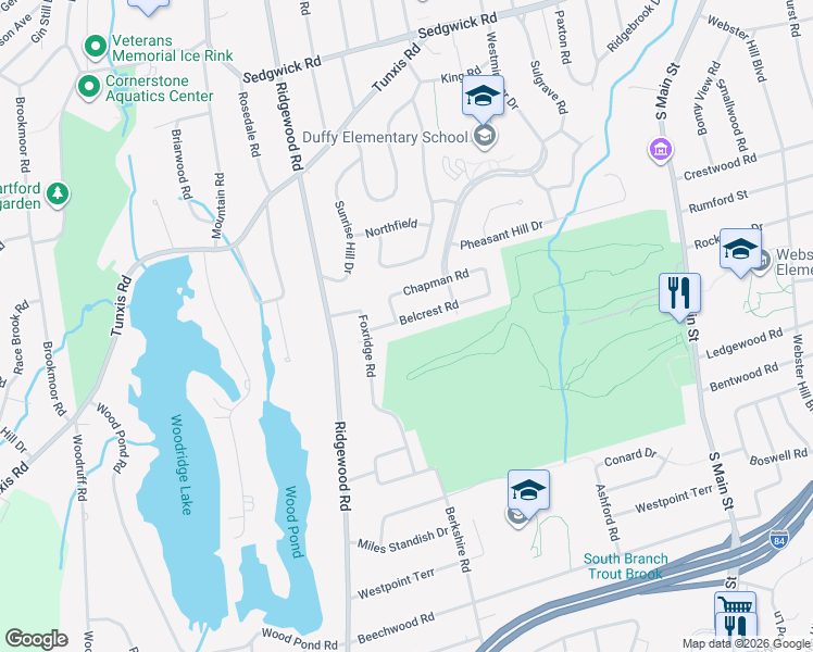 map of restaurants, bars, coffee shops, grocery stores, and more near 19 Belcrest Road in West Hartford
