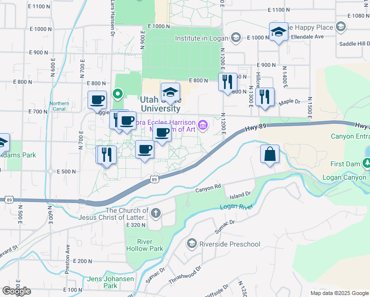 map of restaurants, bars, coffee shops, grocery stores, and more near 7005 Old Main Hill in Logan