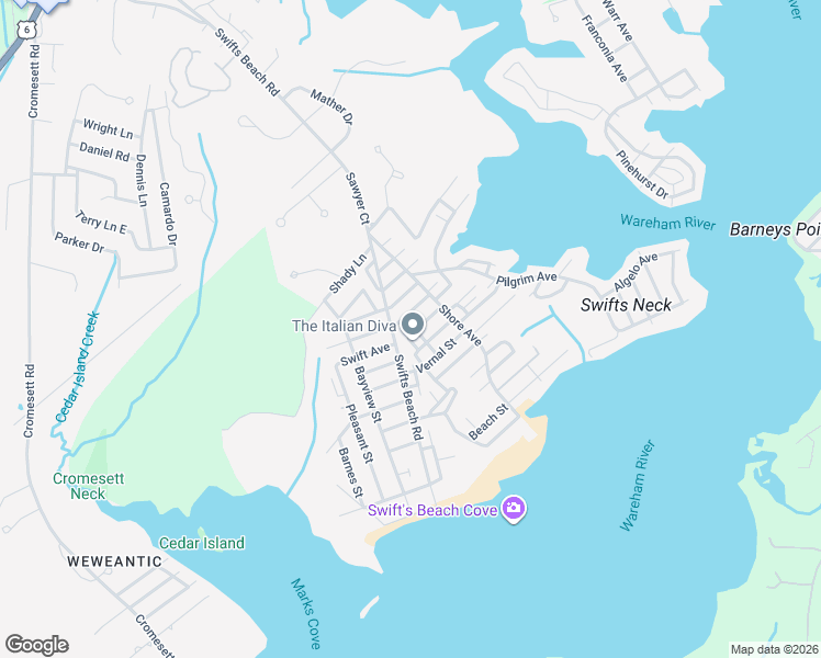 map of restaurants, bars, coffee shops, grocery stores, and more near 6 Pine Street in Wareham